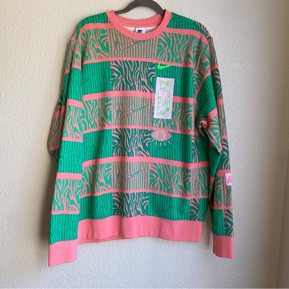 Nike Club Fleece Trippy Safari Sweatshirt Bright Coral Kelly Green Crewneck - Picture 2 of 10